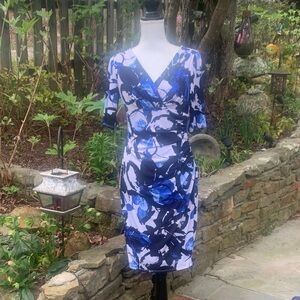 Abstract Blue Wrap-Style Midi Dress by Lauren